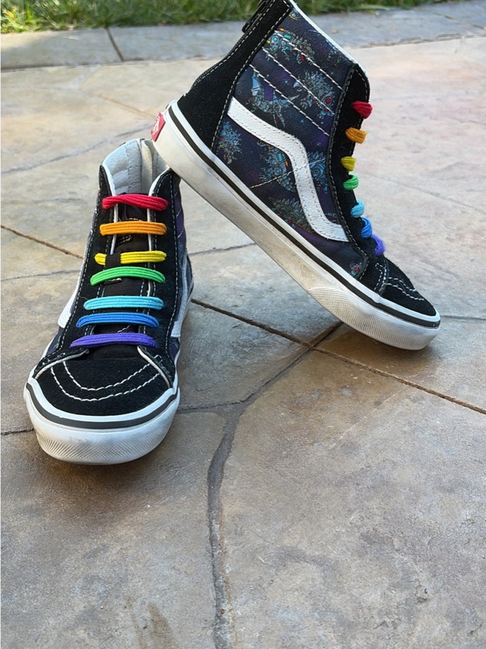 Vans Kids Black High-Top Sneakers Robot Dinosaurs with Rainbow Elastic Laces